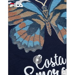 FILA斐乐女装WHITE LINE官方高圆圆同款运动蝴蝶绣花刺绣短袖T商场同款 深水手蓝-DB